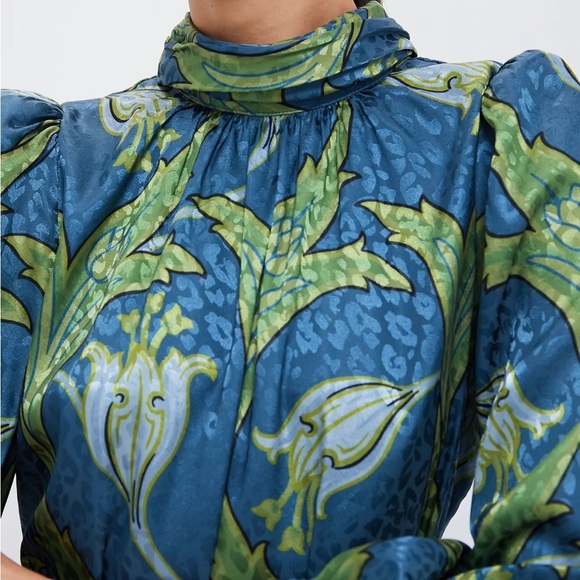 TUCKERNUCK Deco Floral Satin Faven Dress Green Deco Floral Midi Satin Sz S NEW - Picture 2 of 13